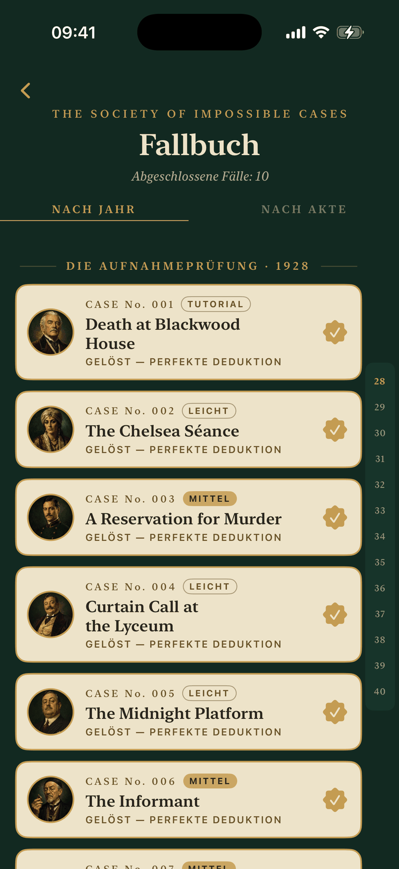 Das Fallbuch in der App, nach Jahren geordnet, die zehn Prüfungsakten geschlossen.