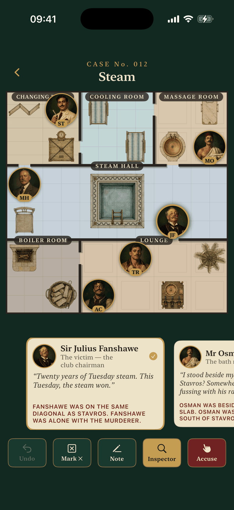 A solved plan of case 012, Steam: six figures placed across the changing room, the massage room, the steam hall and the lounge.