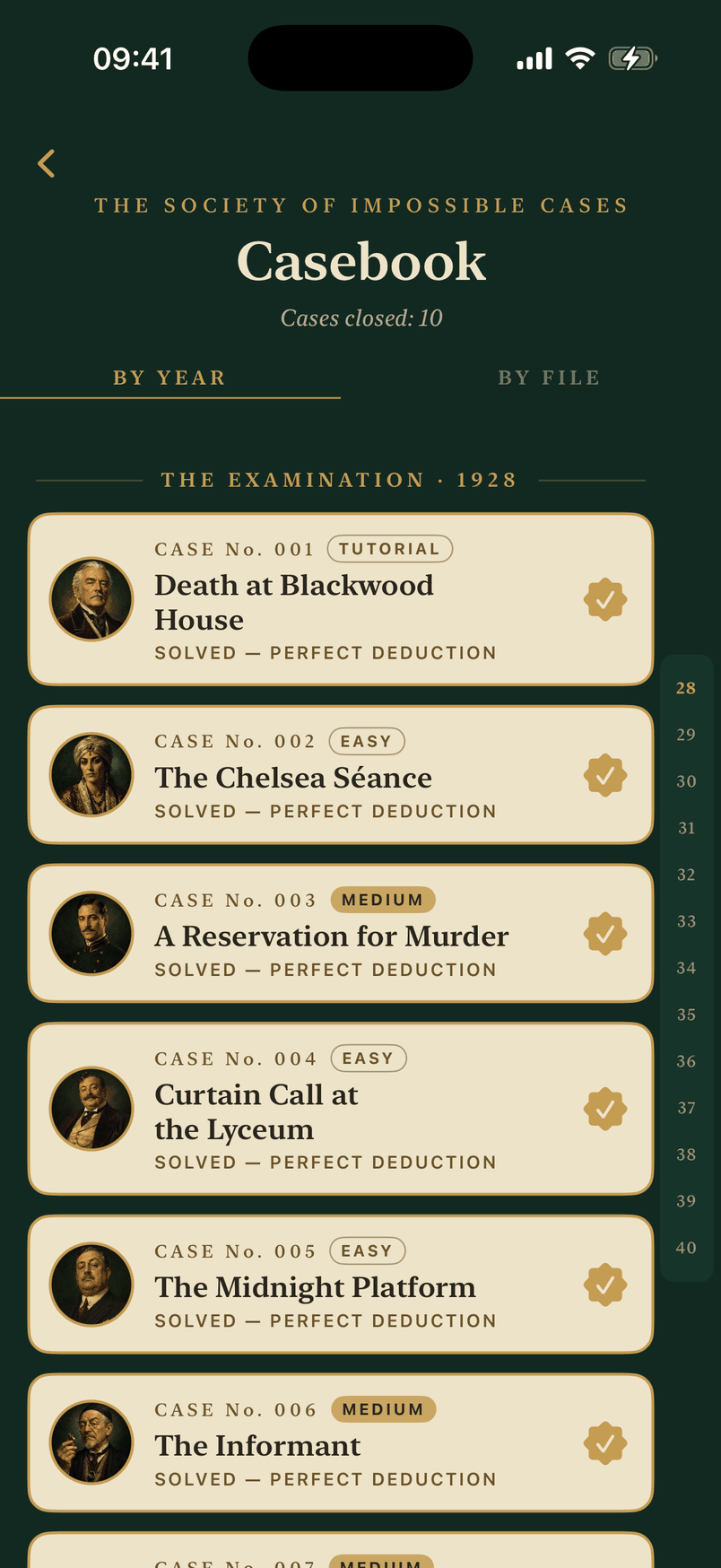 The casebook in the app, sorted by year, with the ten examination files closed.