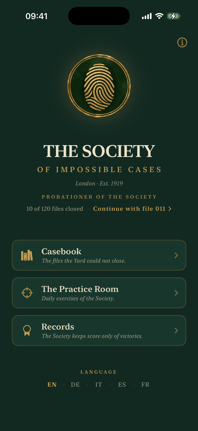 The Society’s front page in the app: the seal, the rank line and the doors to the casebook, the practice room and the records.