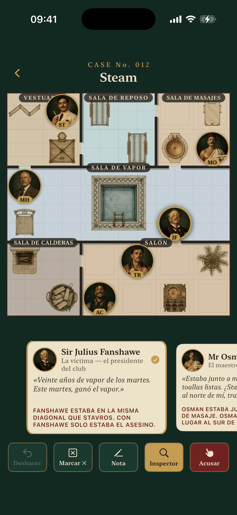 El plano resuelto del caso 012, Steam: seis figuras repartidas entre el vestuario, la sala de masajes, la sala de vapor y el salón.