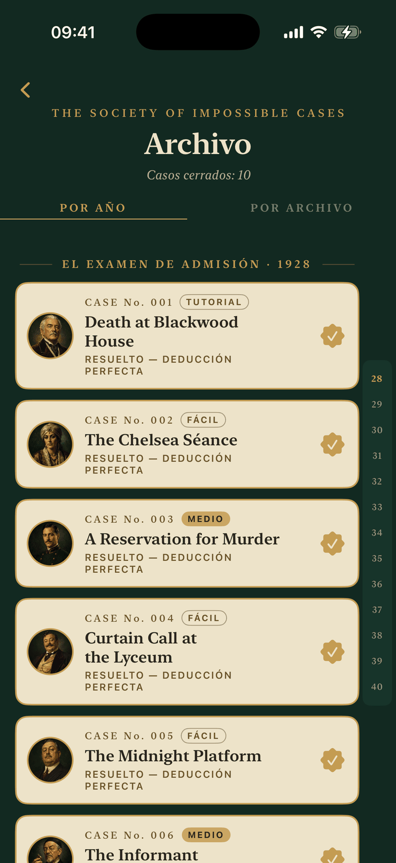 El archivo en la app, ordenado por años, con los diez expedientes del examen cerrados.