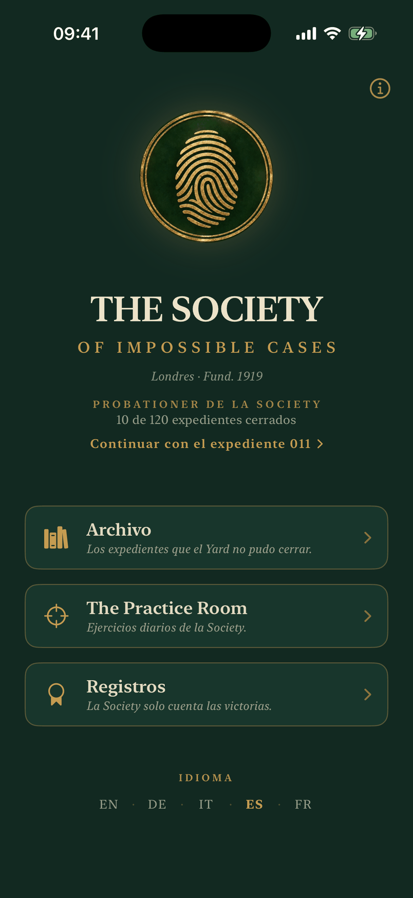 La fachada de la Society en la app: el sello, la línea de rango y las puertas al archivo, la Practice Room y los registros.