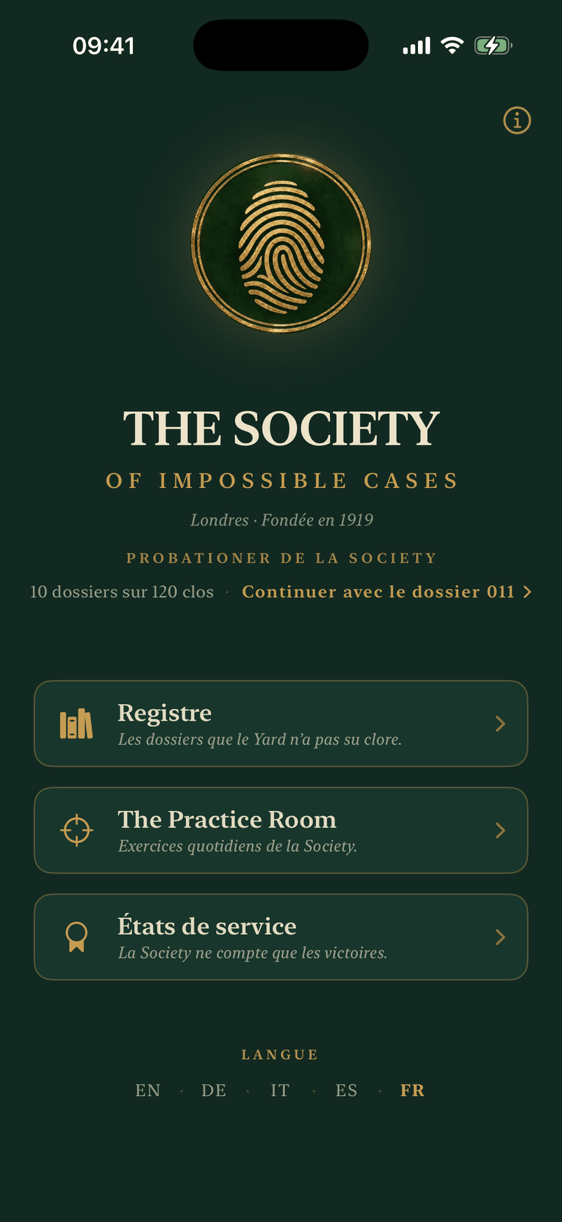 La façade de la Society dans l’app : le sceau, la ligne de rang et les portes vers le registre, la Practice Room et les états de service.