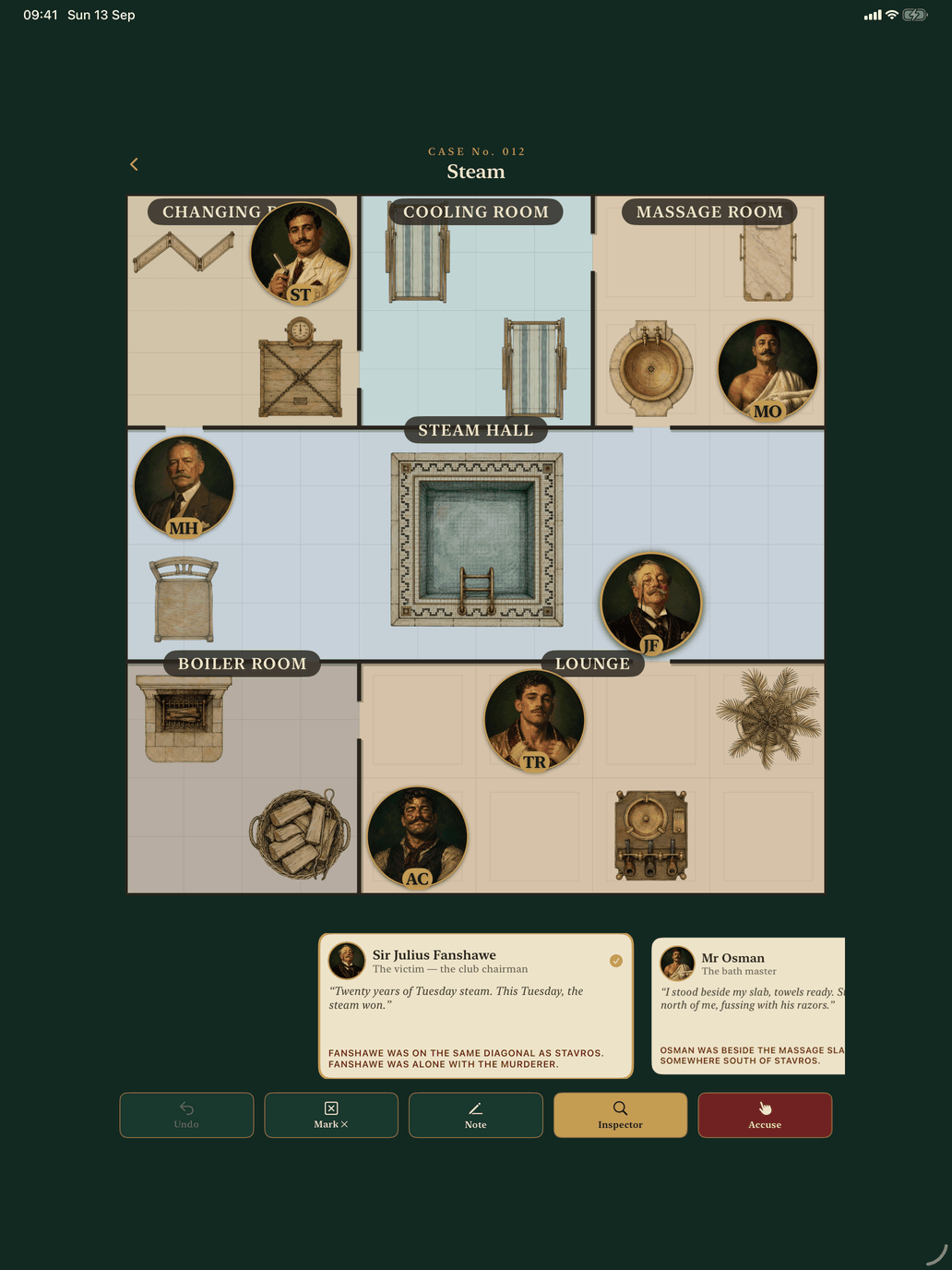 Case 012 on an iPad Pro, the plan large in the middle, the witness cards beneath it.