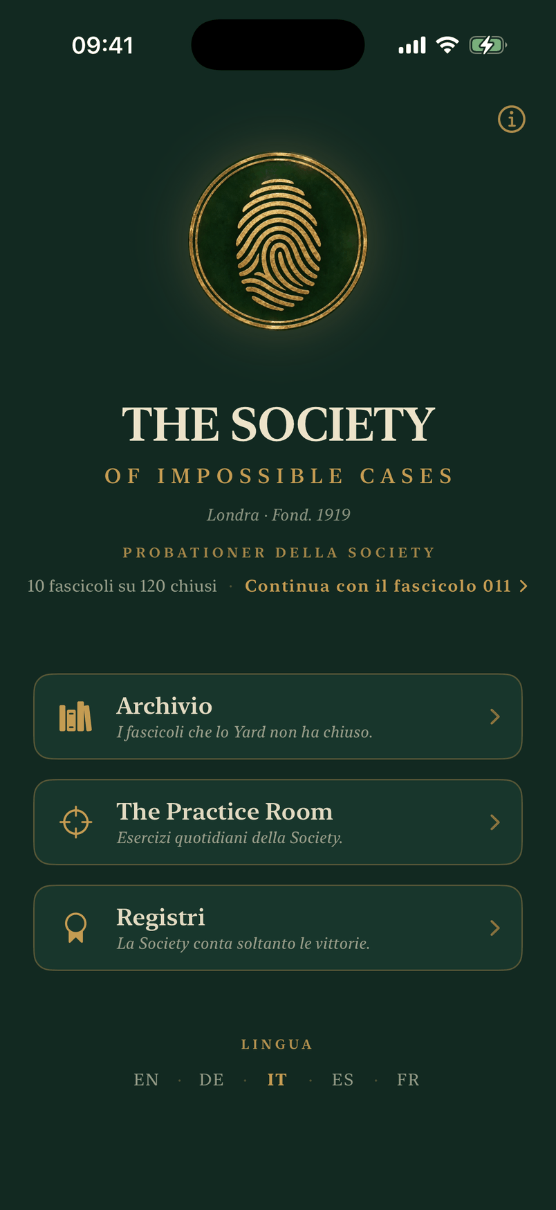 La facciata della Society nell’app: il sigillo, la riga del grado e le porte verso l’Archivio, la Practice Room e i Registri.